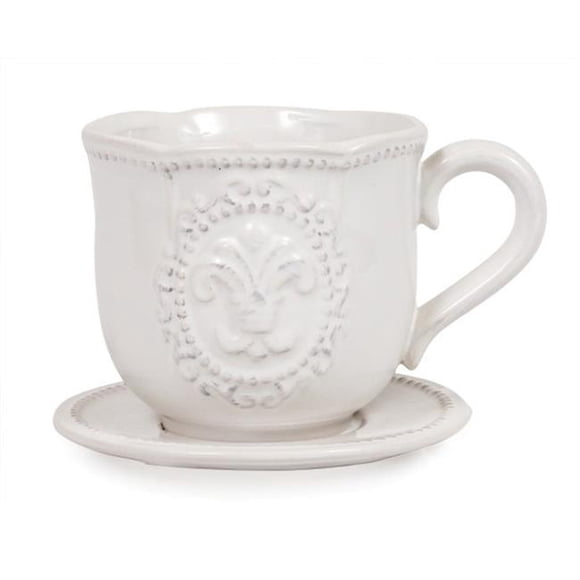 White with Fleur De Lis Pattern Cup & Saucer