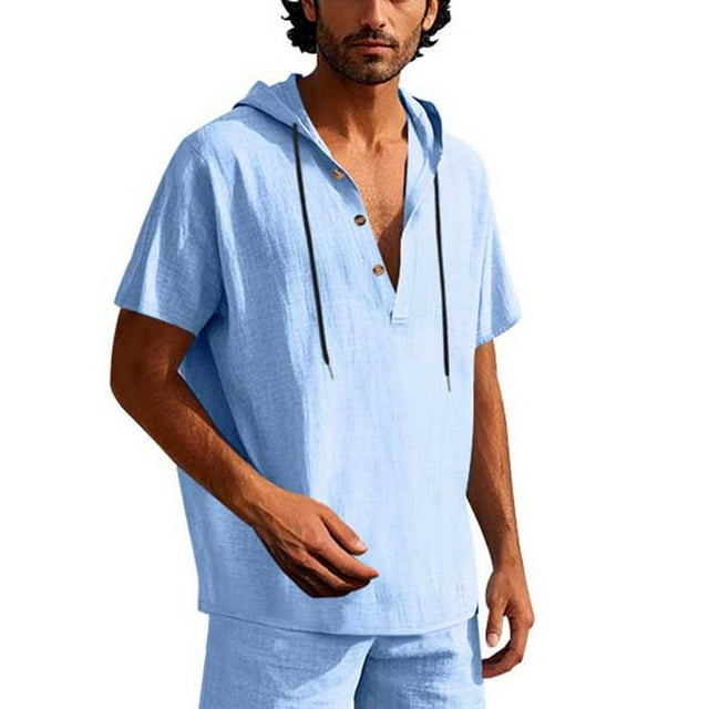 Pisexur T Shirts for Man,Men Solid Color Button Drawstring Flax Short Sleeve Hooded Blouse Light Blue,L Golf Shirts Men & Mens Shirts