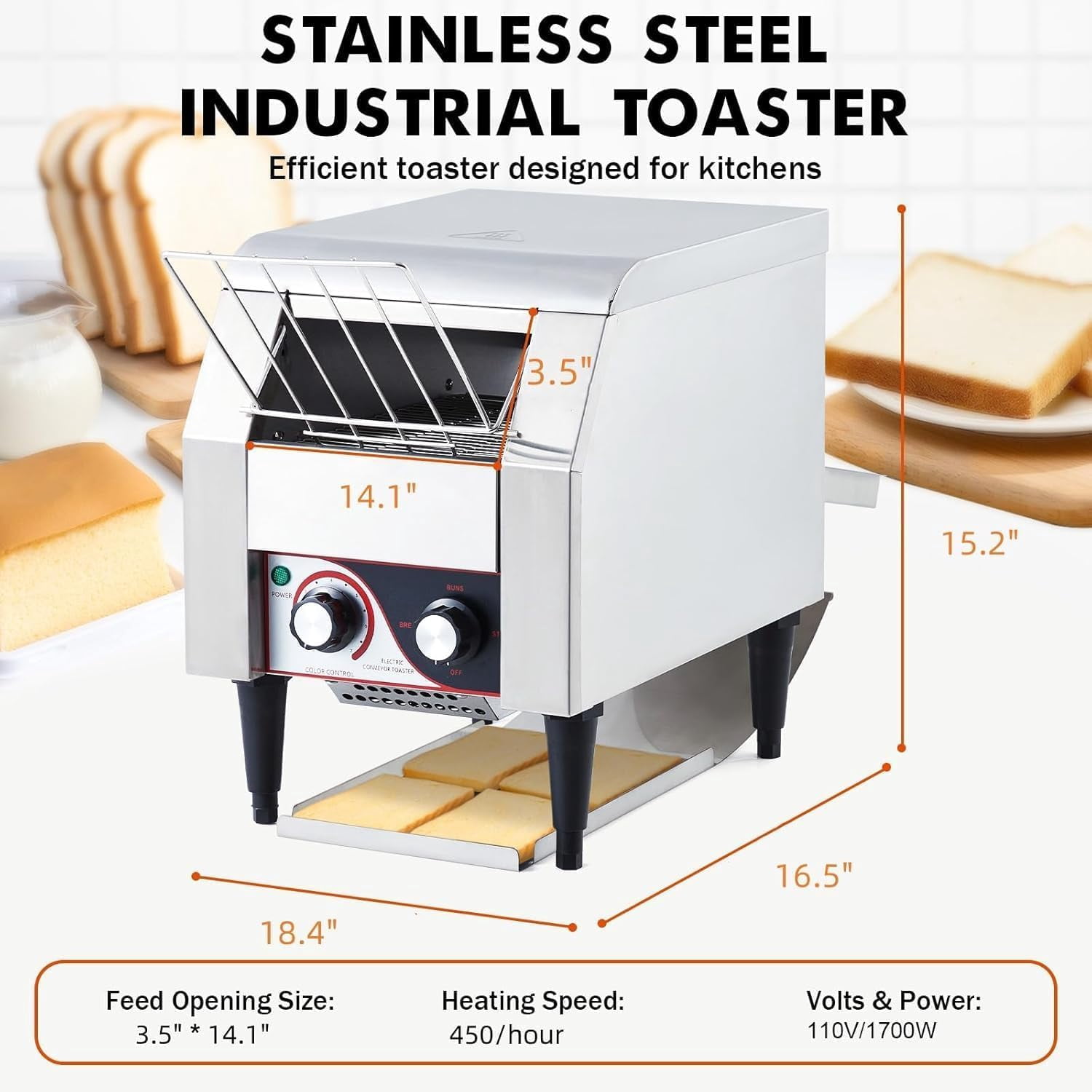Acekid Commercial Conveyor Toaster 1700W 450 Slices/Hour Stainless Steel Toaster Oven Dual Heating 7-Speed Belt B