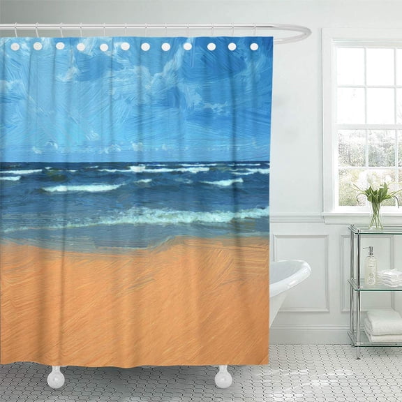 CYNLON Coast Sea and Beach Illustration in Oil Painting Style Shore Bathroom Decor Bath Shower Curtain 66x72 inch