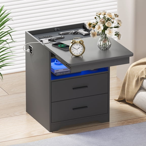 Gurexl LED Nightstand with Gun Drawer, Modern Beside Table with Charging Station, Auto Sensor 3 Color Dimmable Night Stand with Open Compartment for Bedroom (Grey)