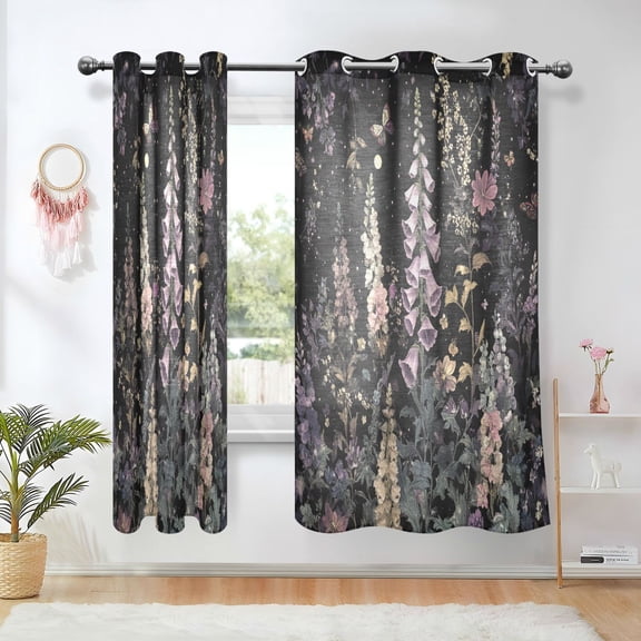 Yayeee Window Curtains Light Filtering 63"x42" Grommet Panel Pair Home Living Room Decor, Dark Flowers Pattern
