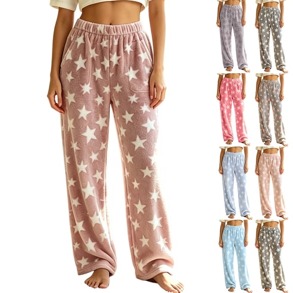 Fuzzy Flush Pajama Pants Women Soft Fluffy Fleece Flannel Pj Bottoms Star Graphic Warm Sleep Loungewear Pant