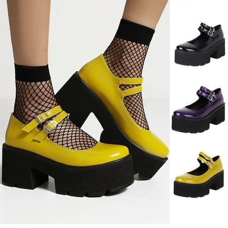

Fesfesfes Platform Shoes Women Synthetic Shoes British Style Belt Buckle Student Wearable Casual Thick High Heels Solid Color Strap Round Toe Sandals 5.5(36)