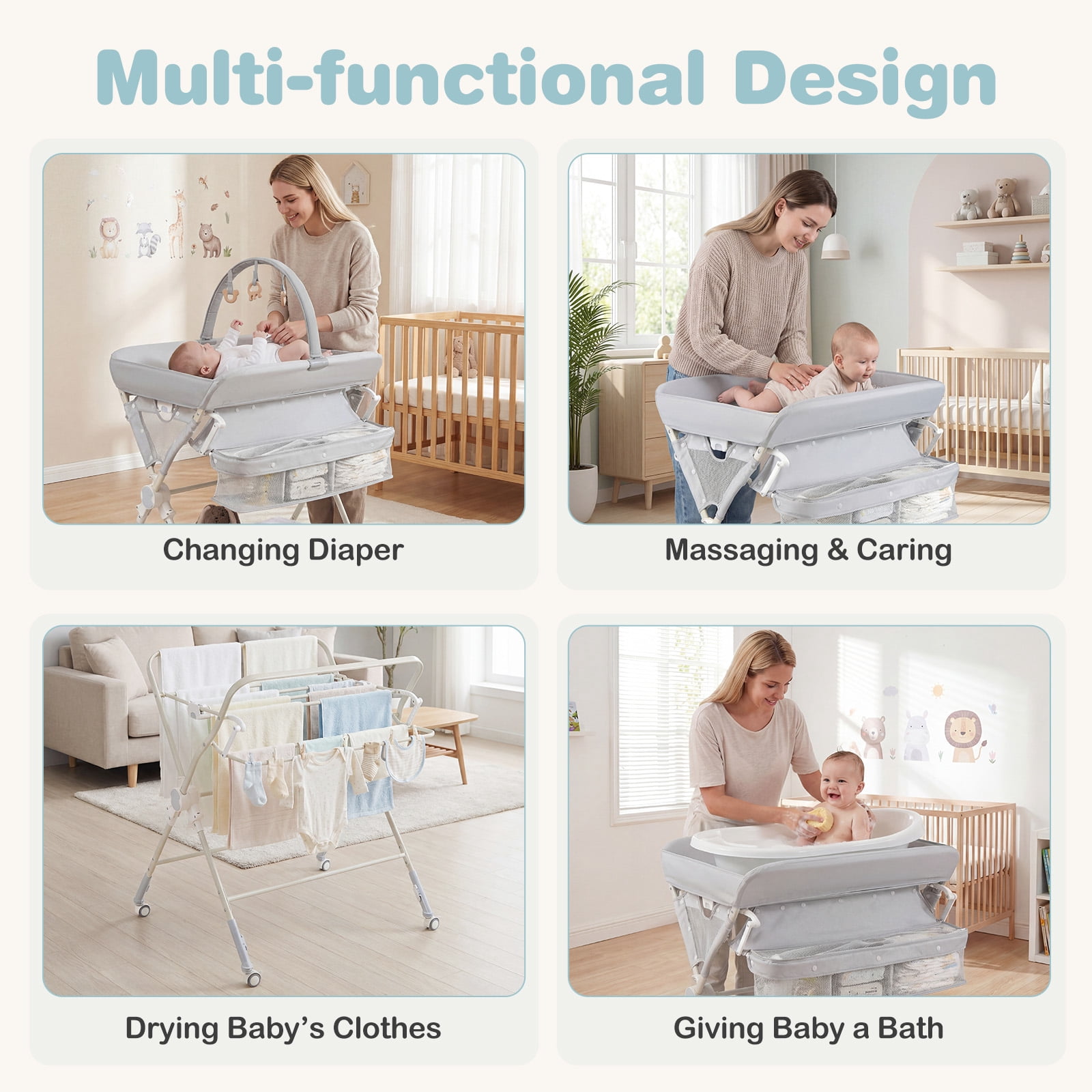 Babyjoy Baby Changing Table, Foldable Diaper Changing Station with Storage Bag & Shelf Gray