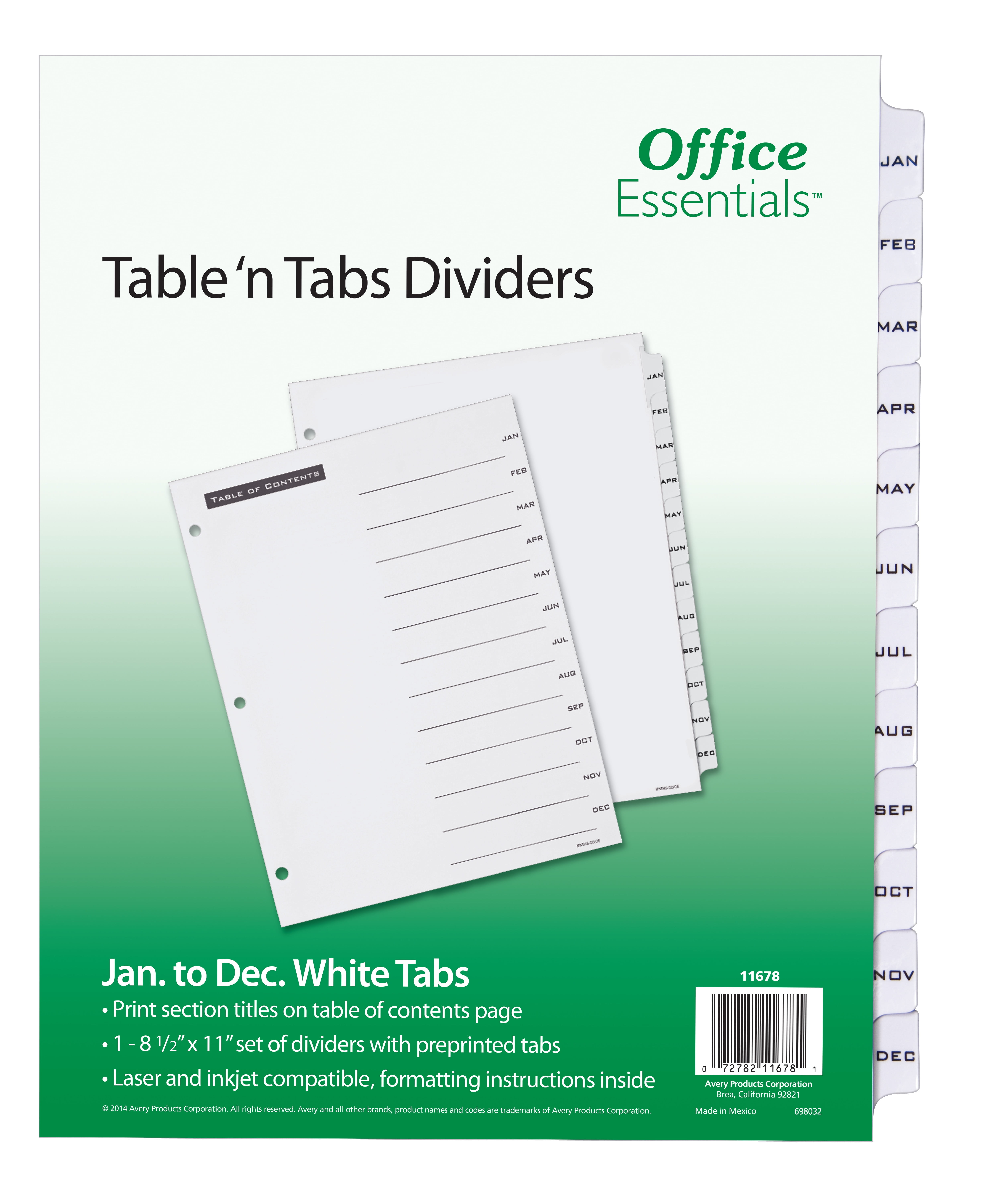 Office Essentials Table 'n Tabs Dividers with White Tabs, Jan-Dec Tab, 1 Set (11678)