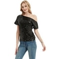 thumbnail image 3 of Womens Short Sleeve One Shoulder Sparkly Glitter Sequin Top Shirt, 3 of 5