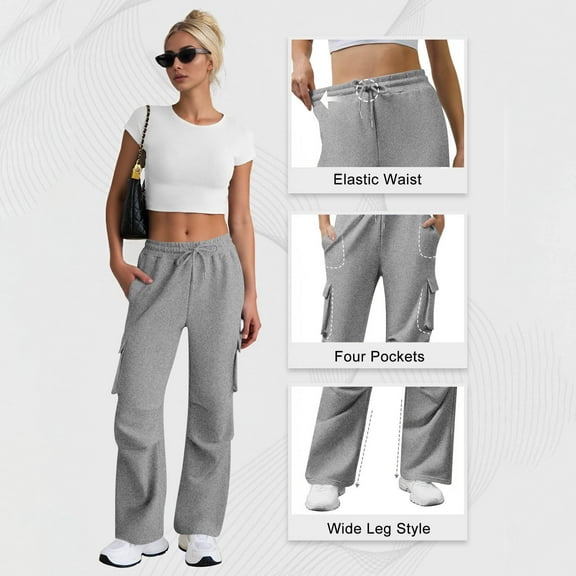 Diufon Cargo Sweatpants for Women Casual Drawstring High Waisted Wide Leg Baggy Pants with Multi-Pockets
