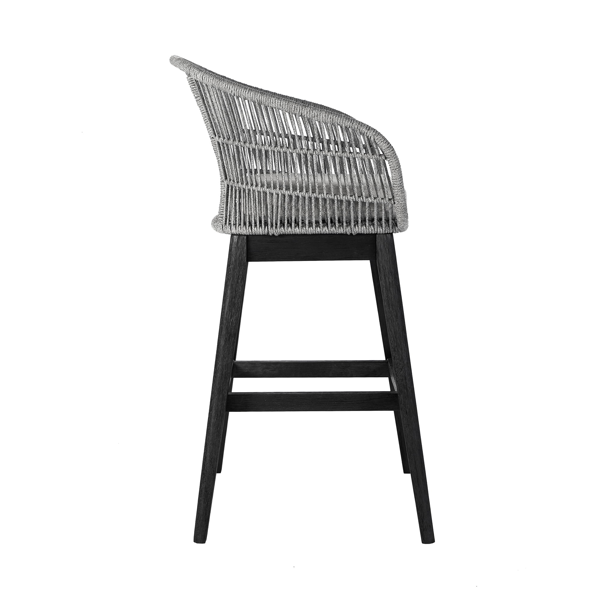 Tutti Frutti Indoor Outdoor Bar Height Bar Stool in Black Brushed Eucalyptus Wood with Gray Rope - Set of 2