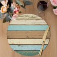 thumbnail image 3 of Farmhouse Teal Brown Round 13 Inch Placemats Set of 6, Ombre Wooden Vintage HeatResistant Non Slip Place Mats for Dining Table, Wipeable Braided Kitchen Table Mats for Housewarming, 3 of 9