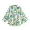 thumbnail image 2 of HH TRAF Blusa elegante asimétrica de mezcla de lino con mangas tres cuartos y solapa de moda de verano para mujer, 2 of 5