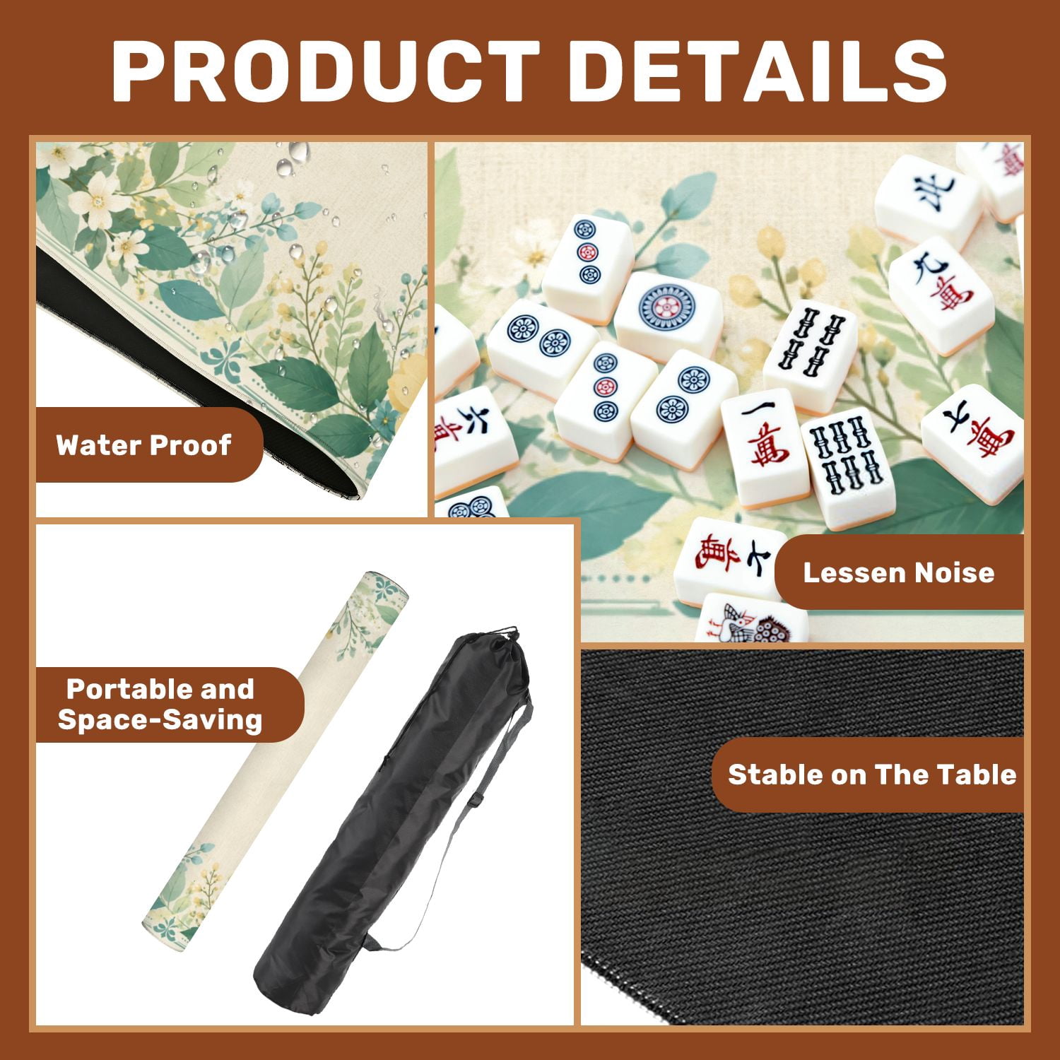 Mahjong Mat 31.5" x 31.5" Floral Swirl Soft Green Yellow Accents Teal Non-Slip Noise Reduction Mahjong Tiles Table Cover for Dominoes Poker Card Board and Tile Games