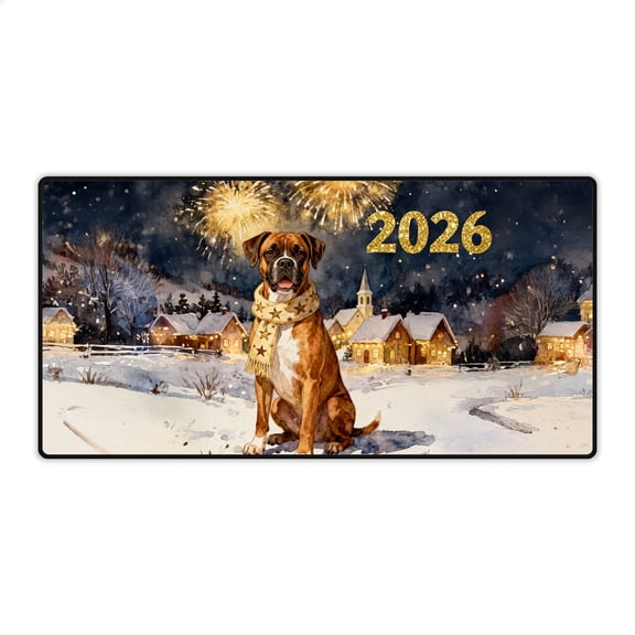 Boxer Happy New Year 2026 with Fireworks on New Year's Eve Desk Mat Full Keyboard Mouse Pad Boxers Dog Lover Gifts Idea Large Mousepad - 12022