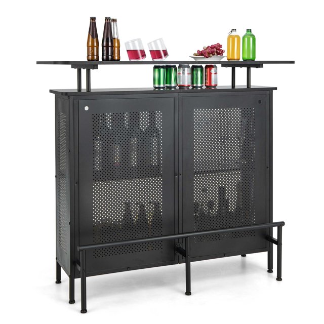 Mueble de Bar Costway Armario de Metal Negro 4 Niveles con 2 Estantes para Vino y 6 Soportes para Copas