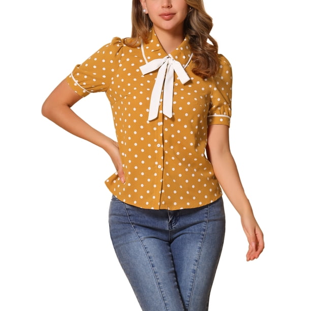 BLUSA DE LUNARES PARA MUJER INSPIRE CHIC CON CUELLO PETER PAN Y LAZO EN LA MANGA CORTA TALLA XS AMARILLO