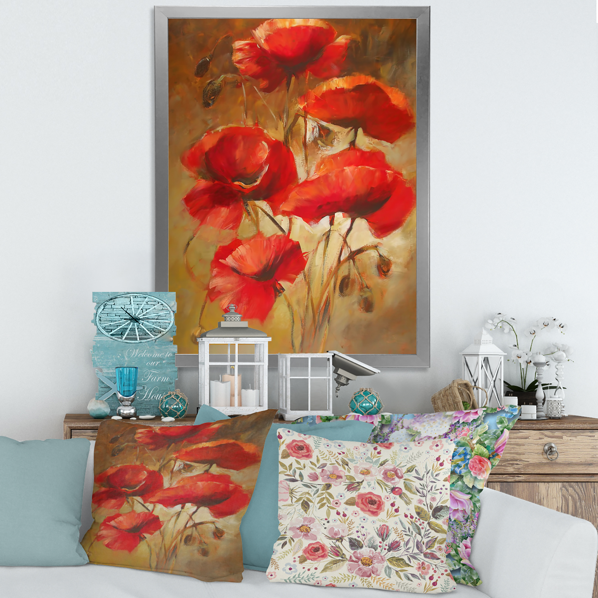 Designart 'Red Blossoming Poppies Over Wild Brown I' Traditional Framed Art Print