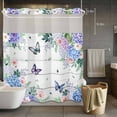 thumbnail image 3 of Spring Hydrangea No Hook Shower Curtain with Snap in Liner Vintage Watercolor Butterfly Floral Green Leaves Wood Grain Waterproof Bathroom Shower Curtain with See Through Top Window 72" x 78", 3 of 9
