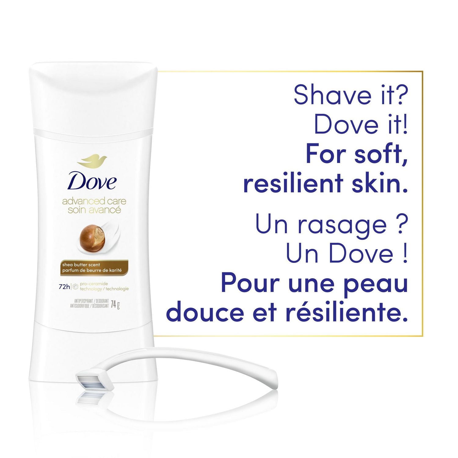 Antisudorifique désodorisant pour femme Dove Soin Avancé Parfum de Beurre de Karité avec technologie pro-céramides pour une peau douce et résistante 74g