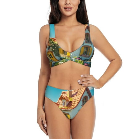 Zeuib Cozy Cartoon Backyard High Waisted Tummy Control Bikini Set - Knot Front Push Up Top & Cheeky Thong Bottom  Two-Piece Swimsuit for Women-X-Large