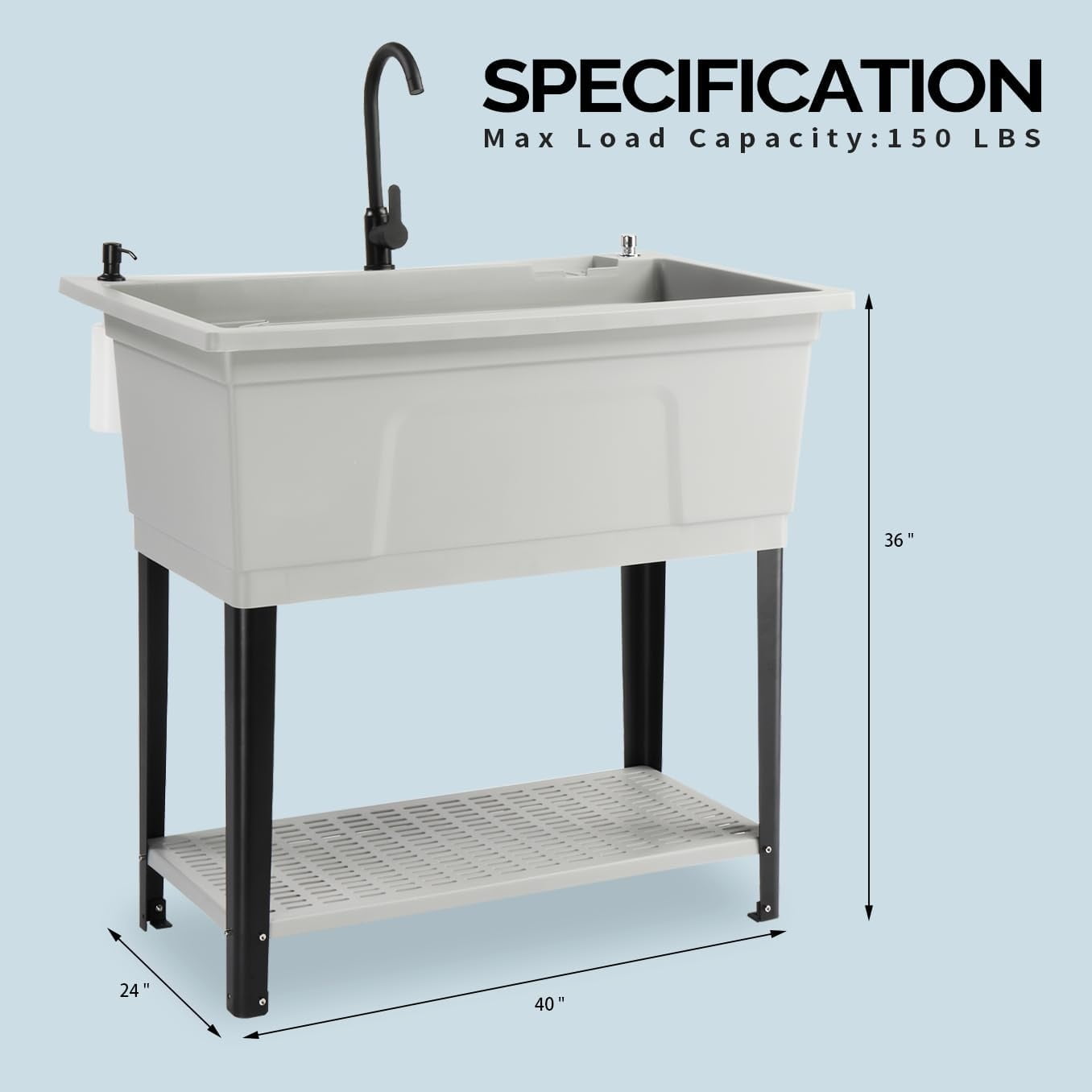 Ktaxon 27 Gallon Plastic Utility Sink with Hot/Cold Faucet, 36" Freestanding Laundry Tub with Iron Legs, Storage Shelf, Drain Board, Soap Dispenser and Pop-up Button for Bathroom, Laundry Room, Gray