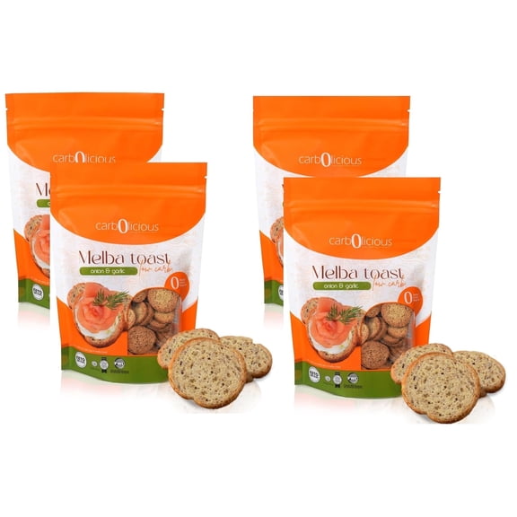 Carbolicious Low Carb Melba Toast, Onion & Garlic Flavor, Crunchy Keto Snack Crackers, High Fiber, 4 oz Pouch