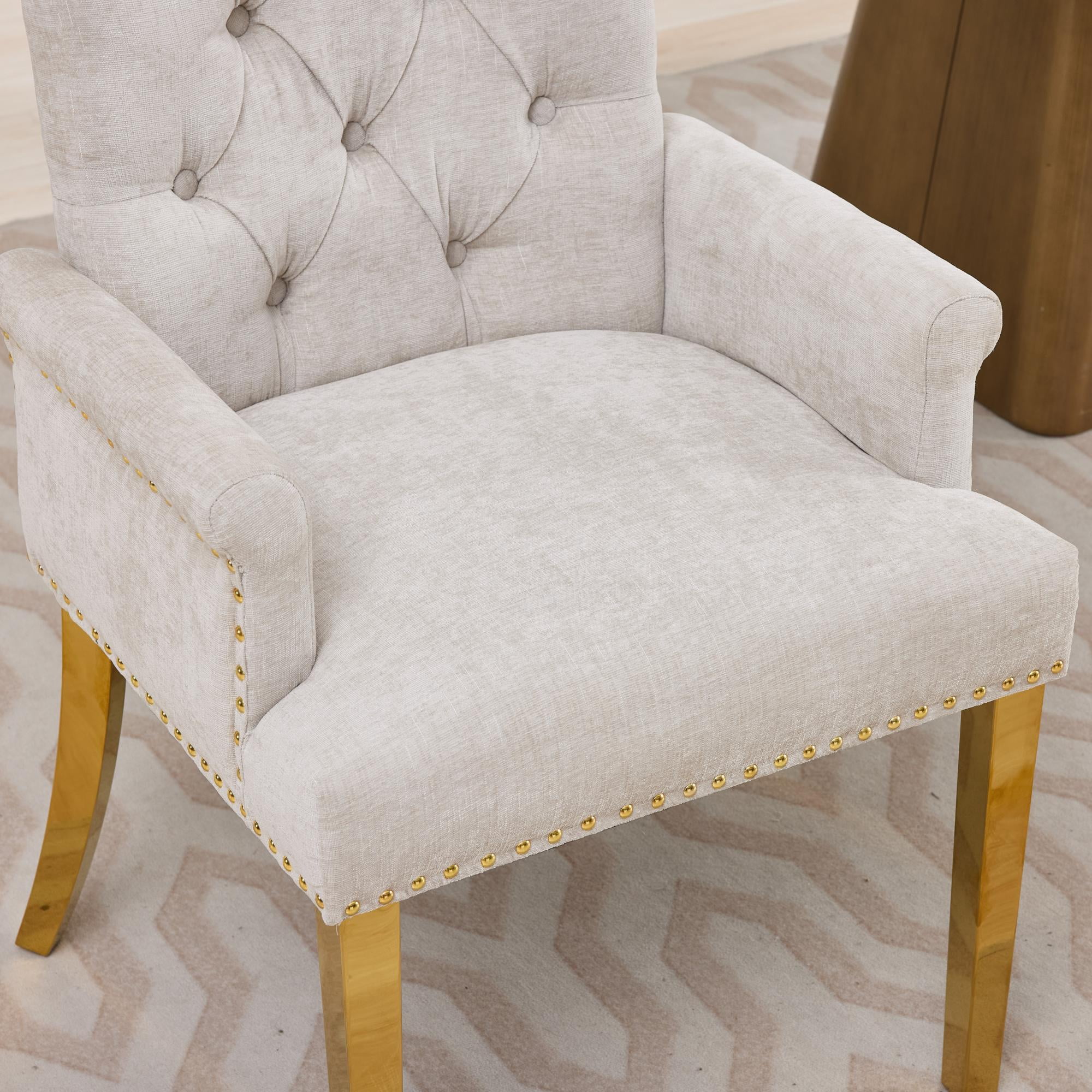 GARITIN Upholstered Dining Chair with Arms, Tufted Button High Back Accent Chair with Nailhead Trim and Stainless Steel Legs, Beige & Gold