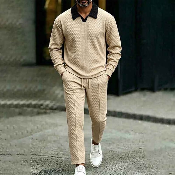 LYSMORA Men's Collar Textured Long Sleeve Top & Drawstring Pants 2 Piece Tracksuit, V Neck Casual Matching Outfit Set