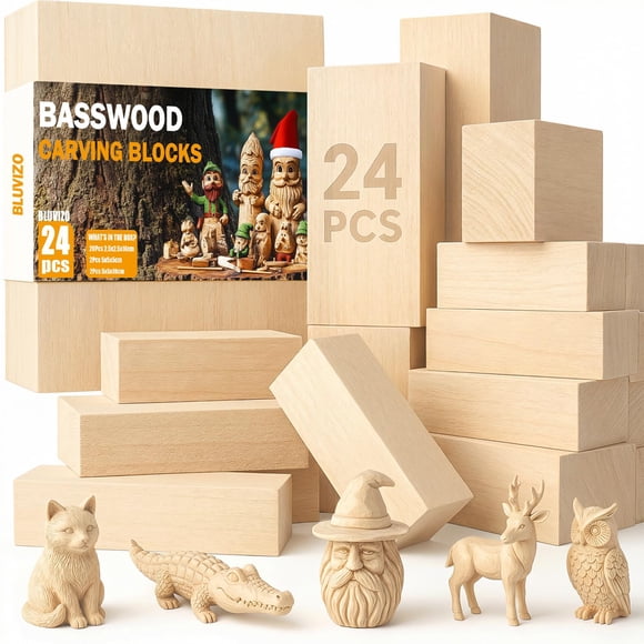 Bloques para tallado en madera de tilo Bluvizo, kit DIY de 24 piezas de madera blanda