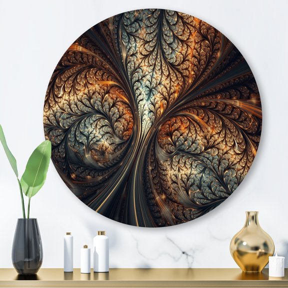 Designart "Fractal Fusion Blue and Orange IV" Abstract Fractal Metal Round Art Print