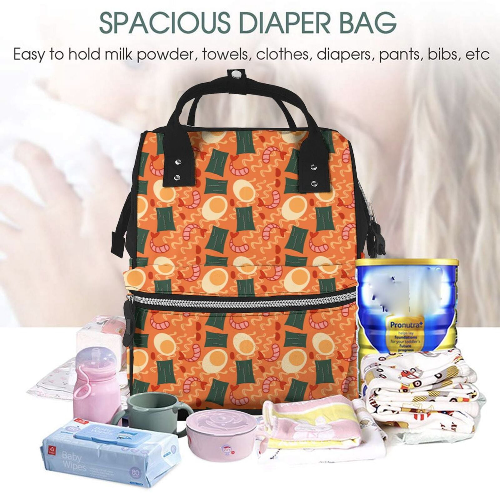 Ratiio Ramen Noodle Soup Mummy Backpack - Waterproof Twill Canvas, Large Capacity Diaper Bag with Multiple Pockets and Adjustable Straps