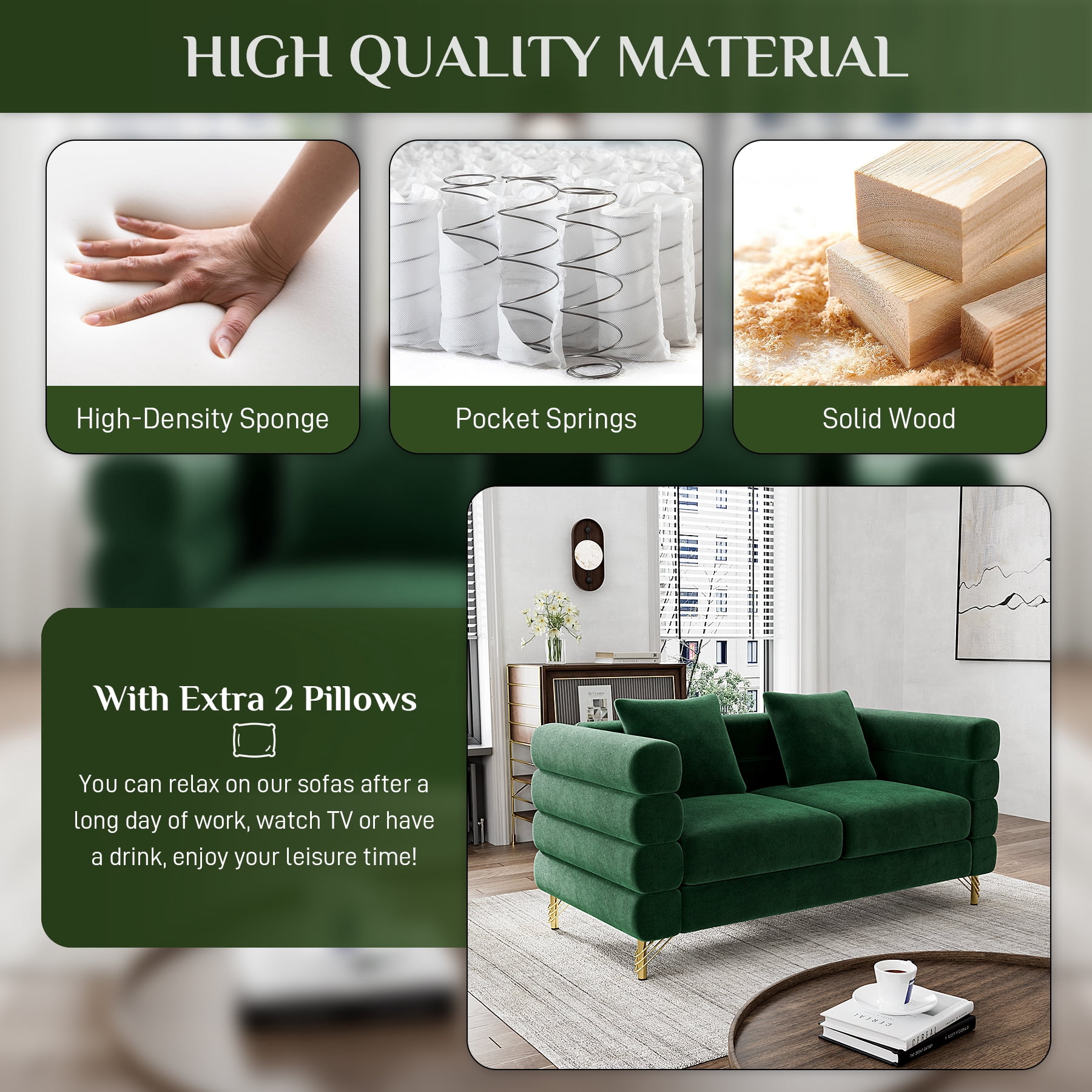 Wiilayok 59" Velvet Cloud Couch, 2 Seater Deep Seat Sofa Couches with Gold Legs,Pillows,Modern Loveseat Sofa for Living Room Bedroom Office Apartment,Emerald Green