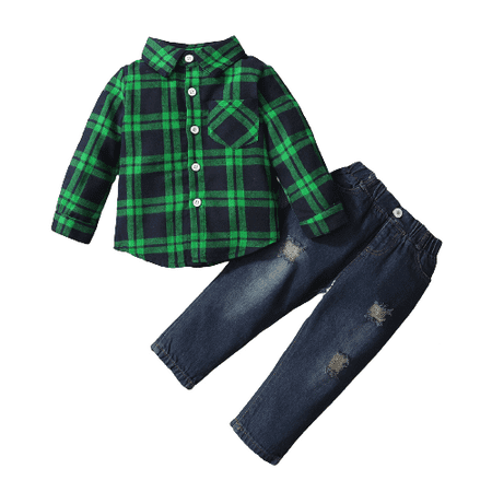 

Kucnuzki 2T Toddler Boy Fall-Winter Outfits Pants Sets 3T Toddler Boy Long Sleeve Checked Pattern Prints Gentle Lapel Shirt Tops Elastic Cozy Denim Pants 2PCS Set Green