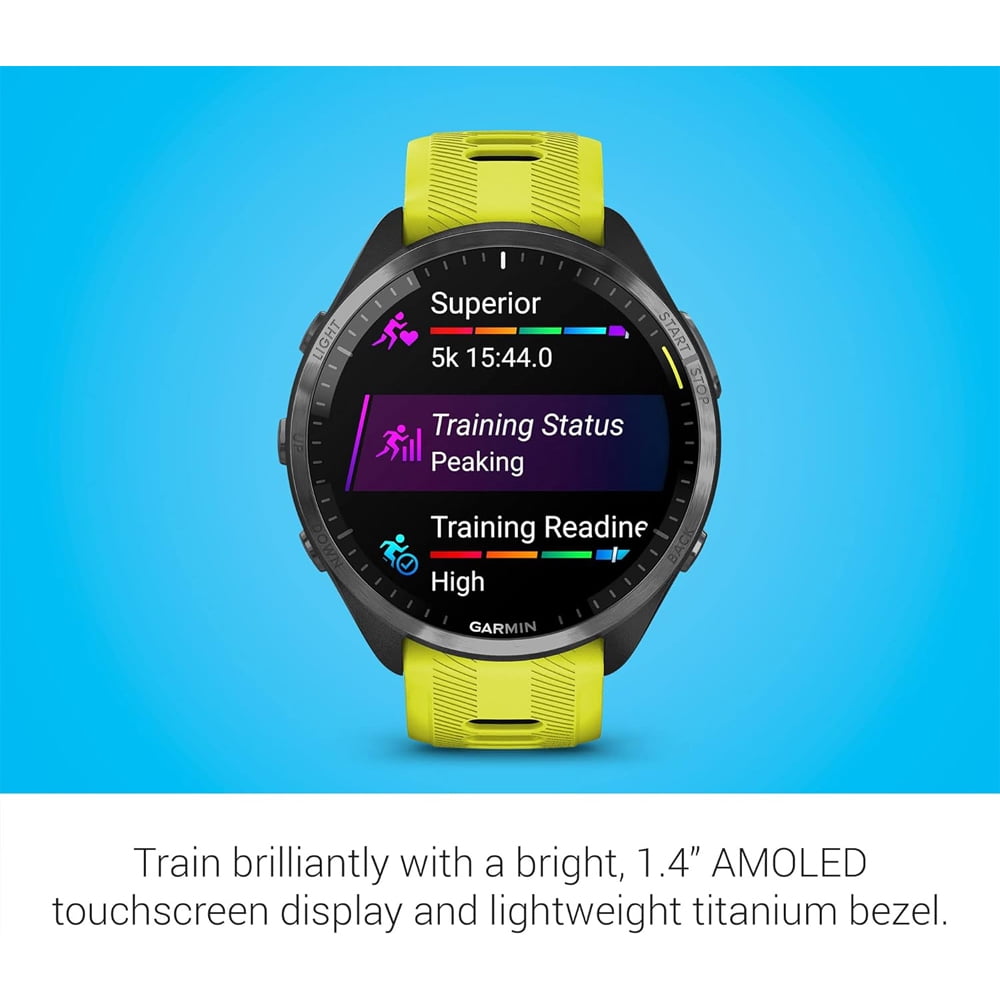 Garmin 010-02809-02 Forerunner 965 Running Smartwatch, Amp Yellow and Black Bundle with Sport Towel + Deco Essentials Wearable Commuter Front & Rear Safety Light| Official Garmin USA Dealer