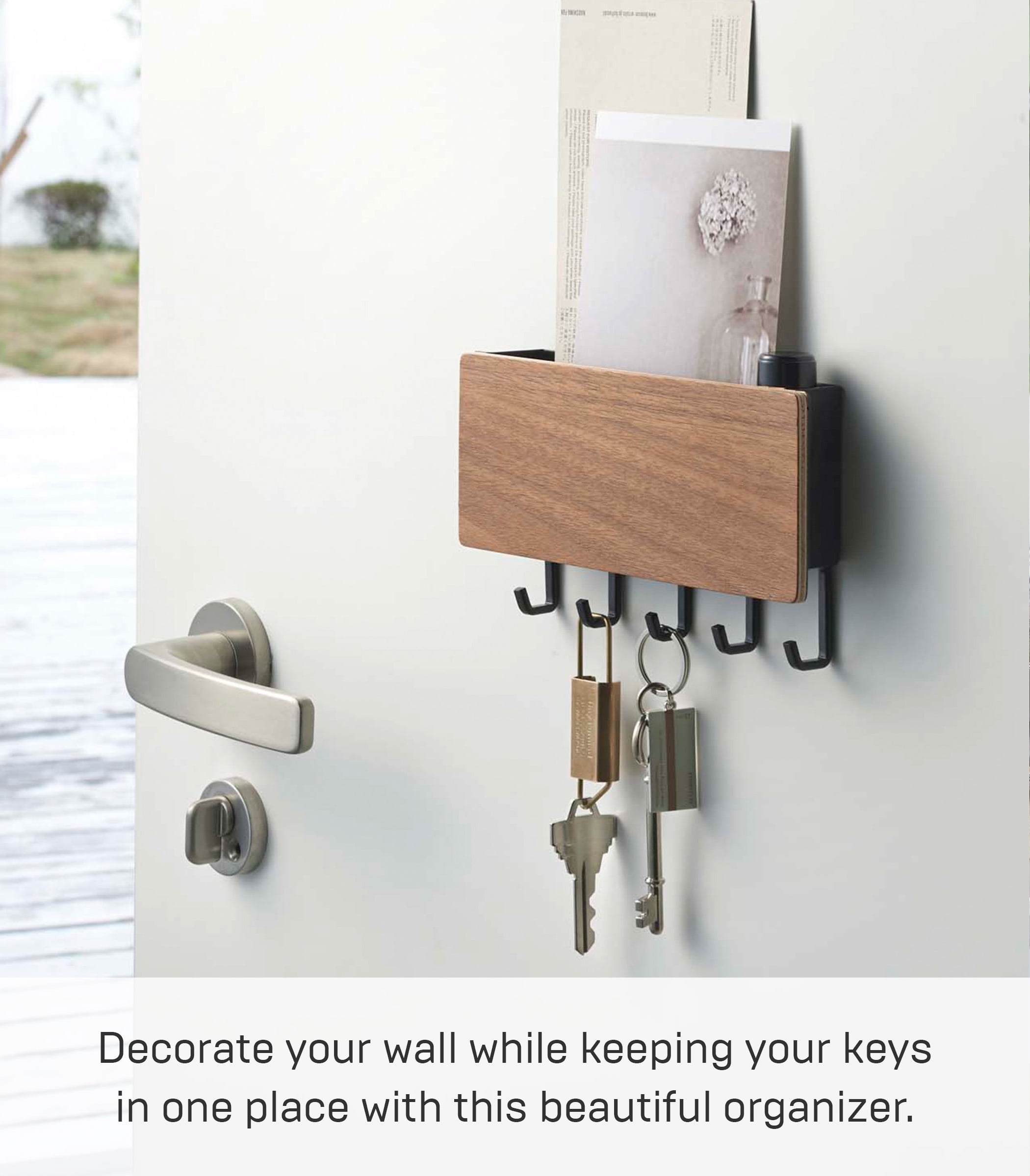 Yamazaki Home Magnetic Key Rack, Walnut, Steel + Wood, Supports 2 pounds, Magnetic
