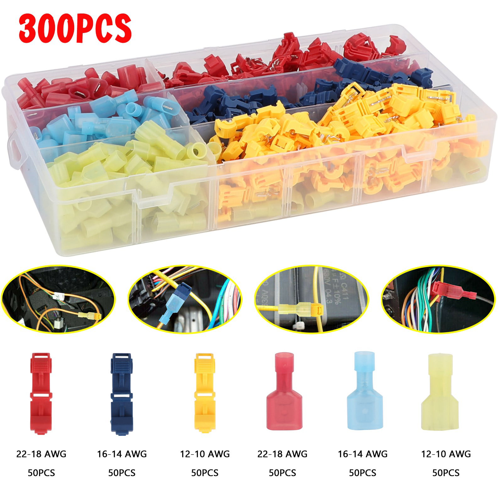 200pc Insulated 22-18 AWG T-Taps Quick Splice Wire Terminal Connectors Kit RED 