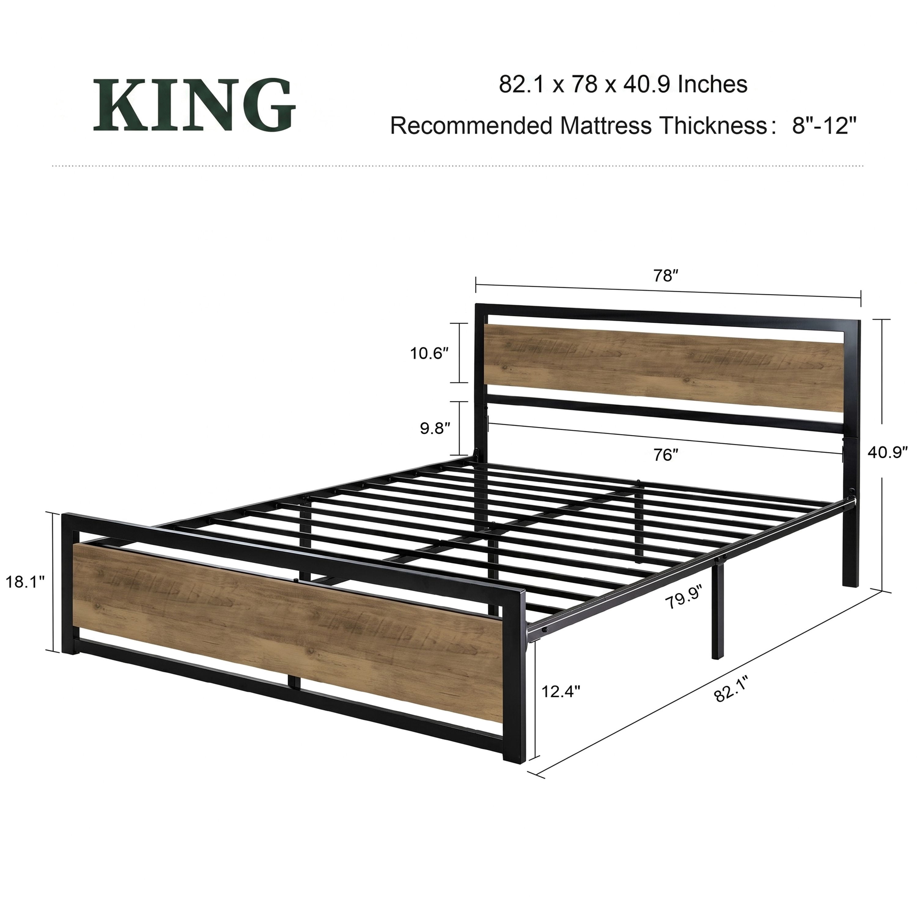 Amolife King Size Metal Platform Bed Frame with Wooden Headboard, 12.4" Under-Bed Storage, Brown