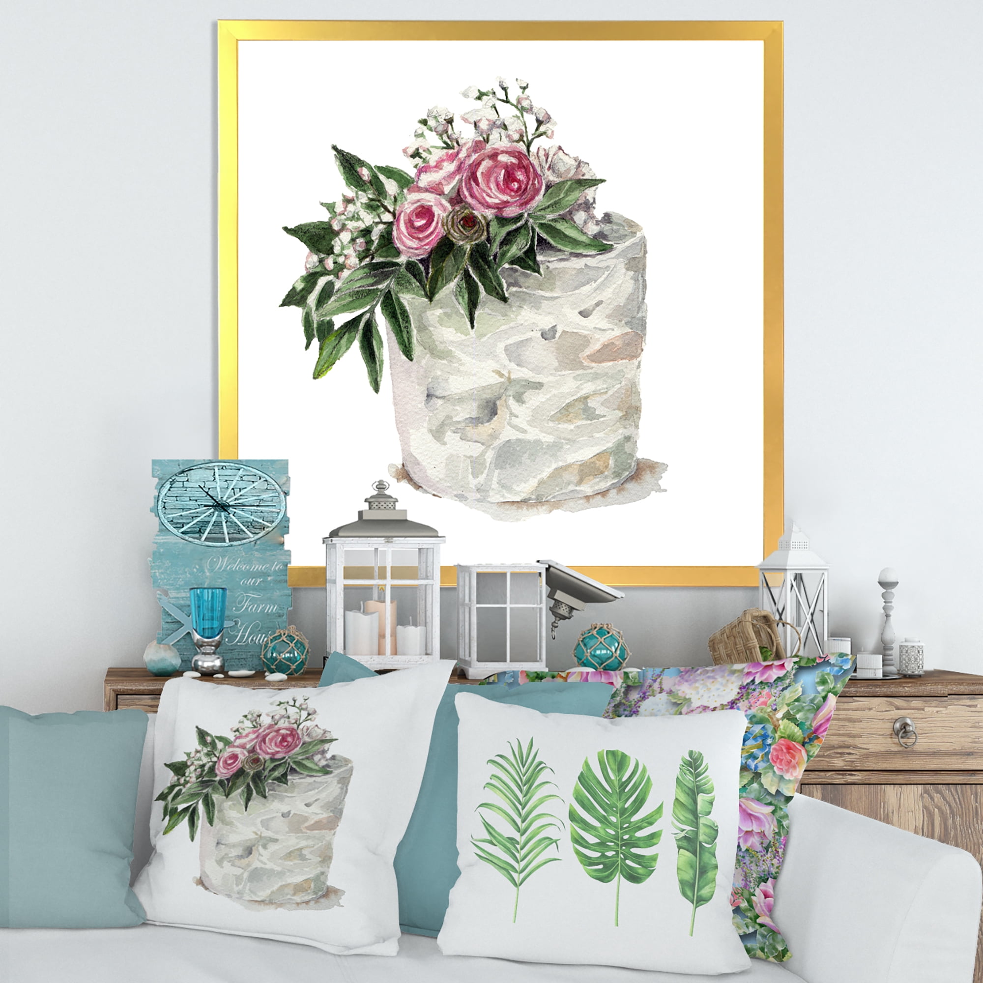 Designart 'White Flowers and Pink Roses On Cake' Traditional Framed Art Print