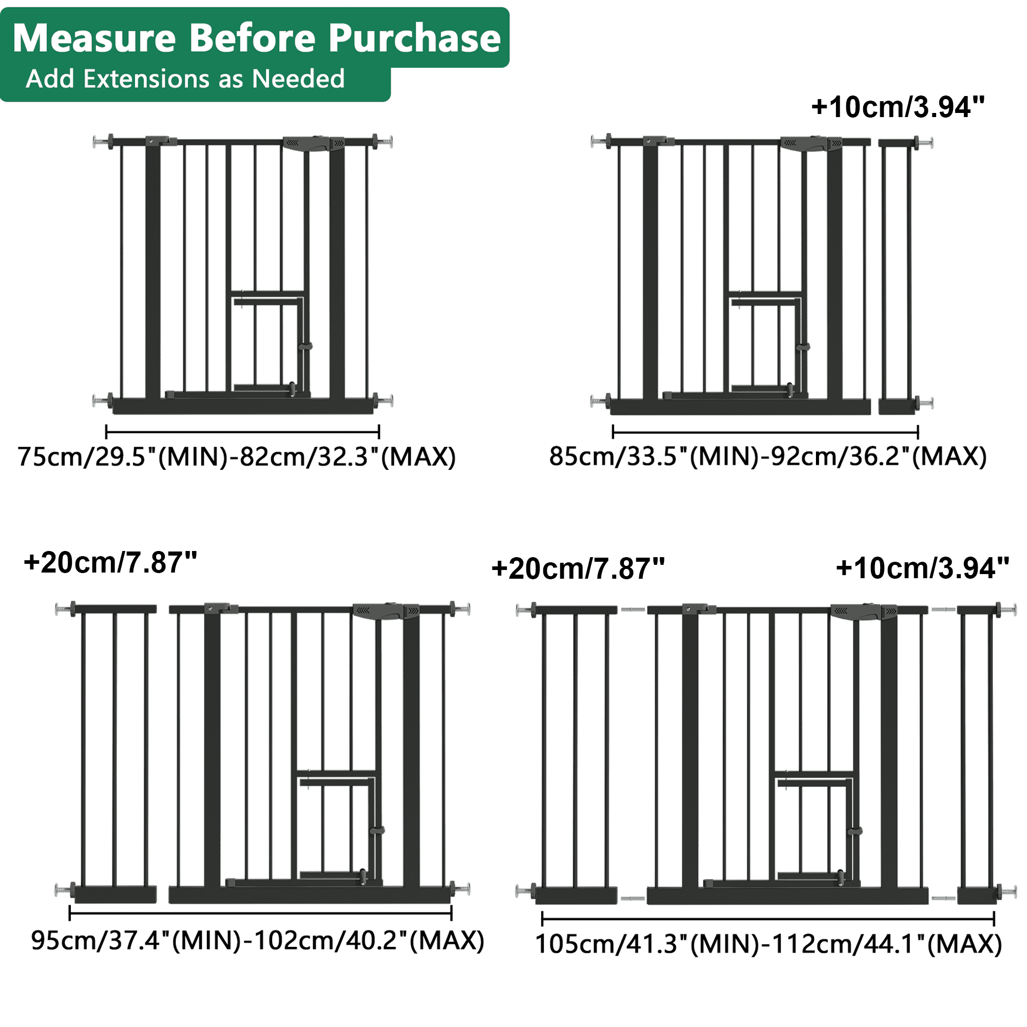 Leumius 29.5-44.1" Baby Gate with Cat Door, Pressure Mounted,No Tools Needed, Metal Pet Gate for Stairs and Doorways Black