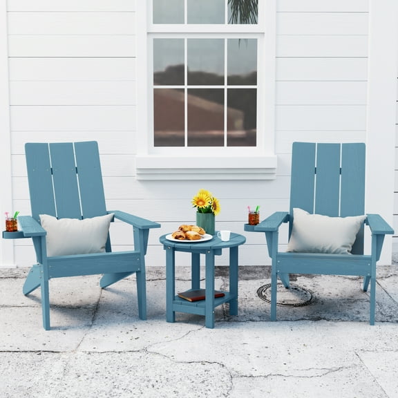 WINSOON Cup-Holder Adirondack Chair and Table Set 3 PCS, Outdoor Chairs Patio Chairs, Blue Finish