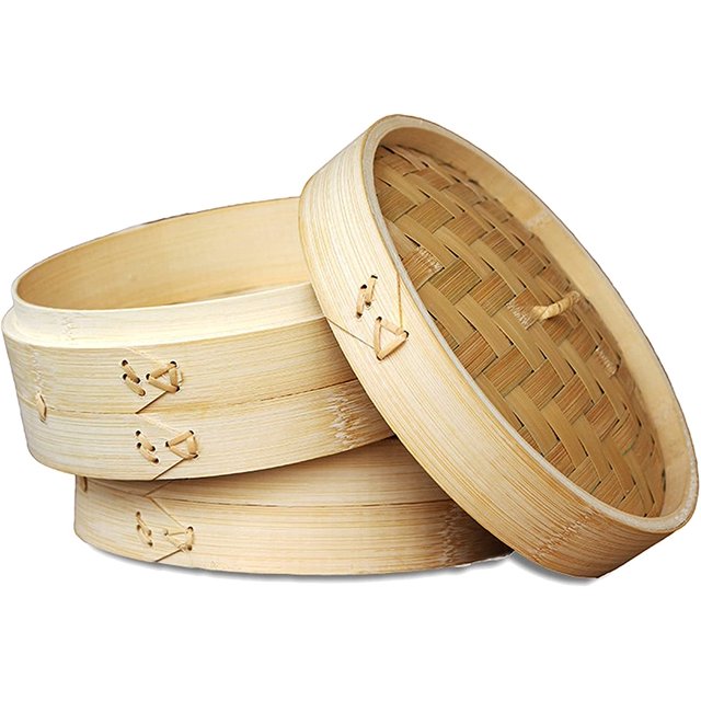 Bamboo Steamer Basket 10 inch - Dumpling Steamer - 2 Tier Asian Food Steamer - Bun Steamer - Perfect for Vegetable, Rice, Fish or any other Healthy Food