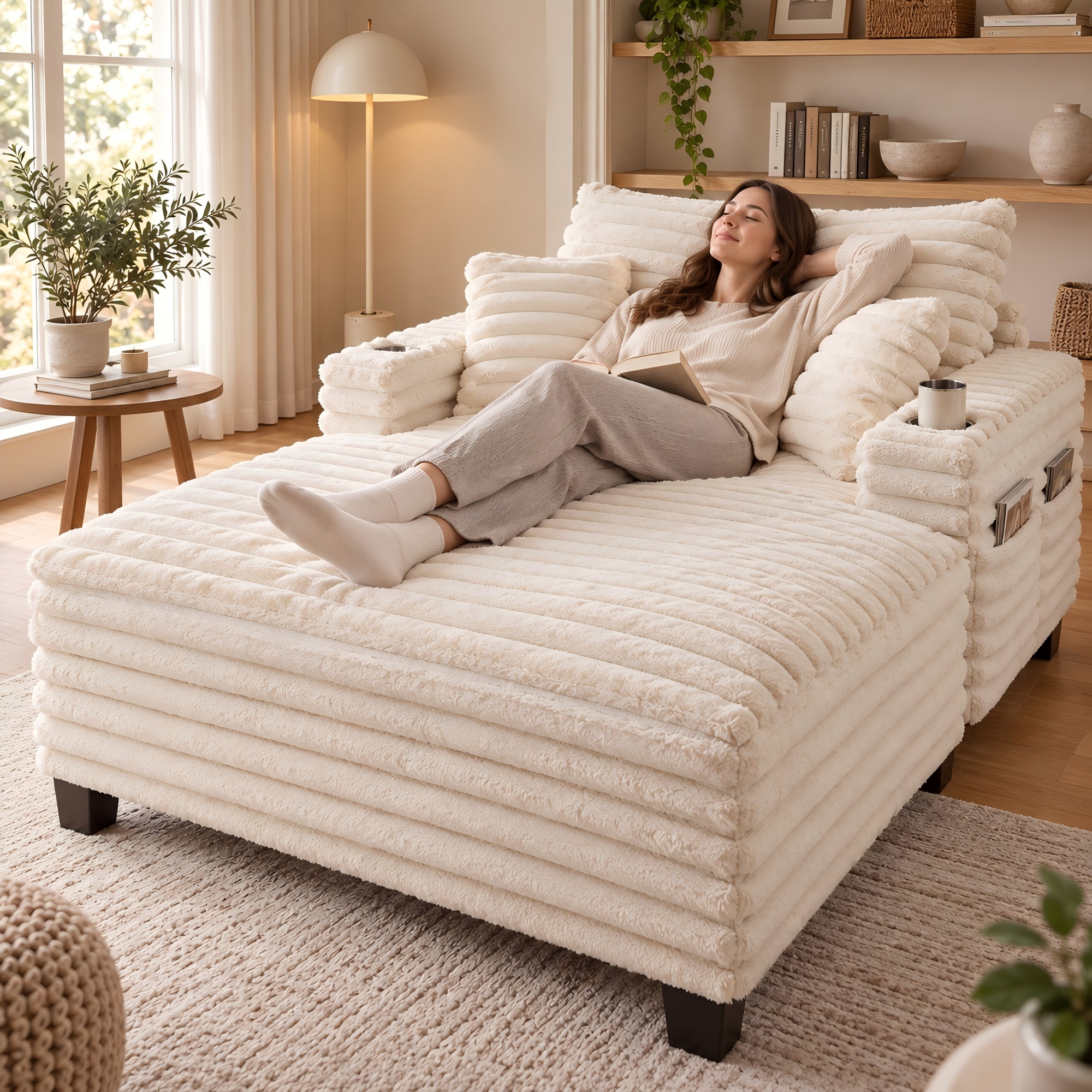 Amsleekey 64" Oversized Chaise Lounge, Beige Corduroy photo 1