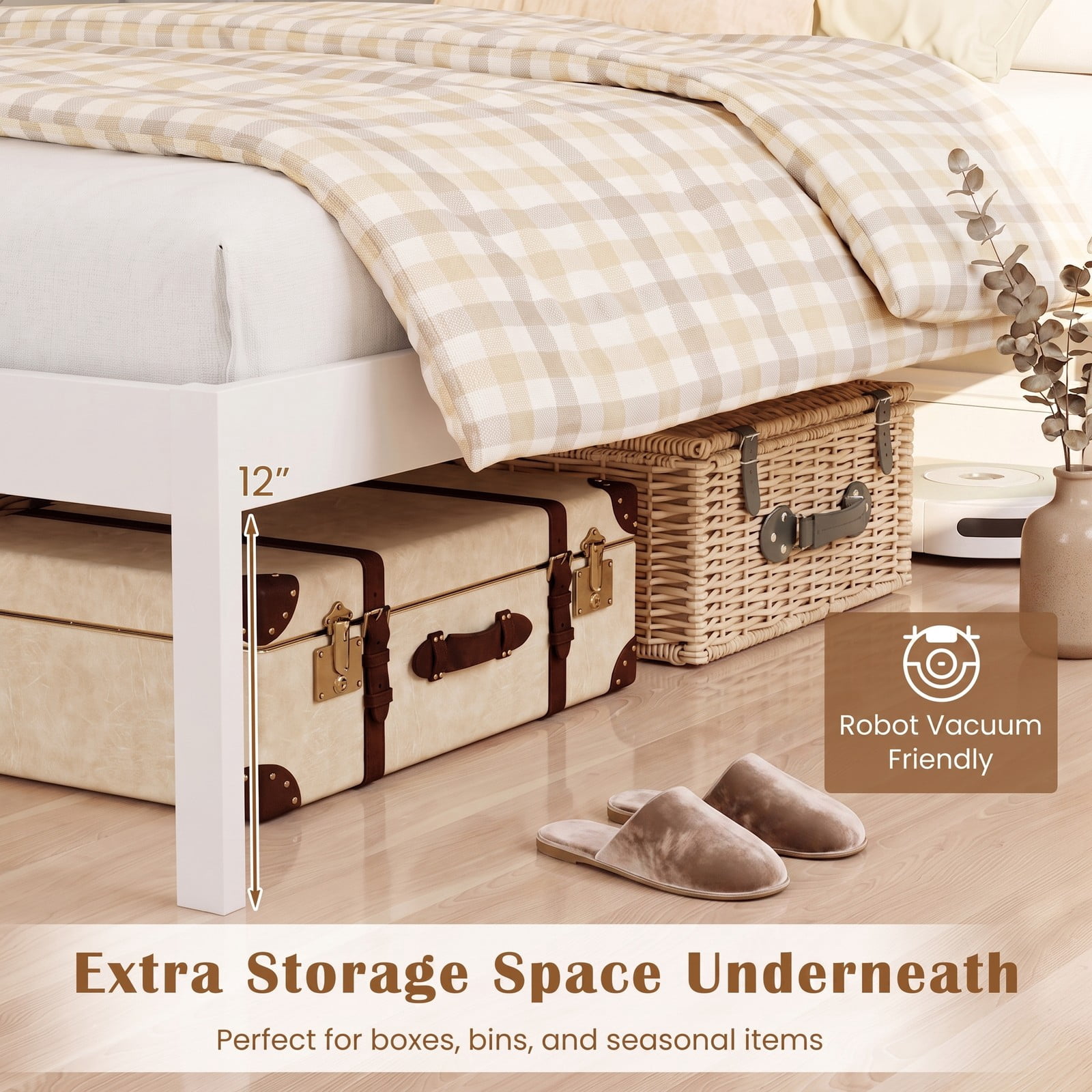 Furnibear Twin Bed Frame, Farmhouse Wood Platform Bed Frame with Paneled Headboard, Twin Bed Frame with Under Bed Storage for Bedroom, White