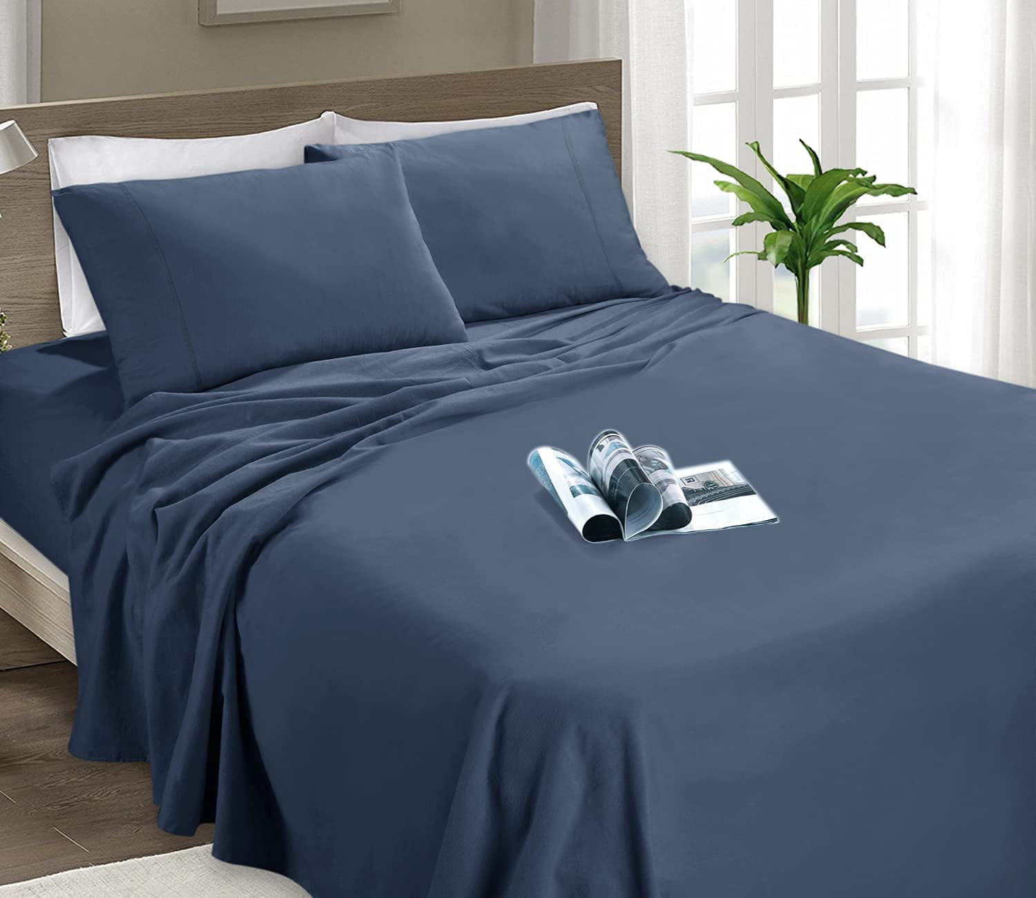 Easy Care and Fade Resistant 4-Piece Flannel Sheet Set-Soft & Comfortable Microfiber Bedding Sheet Jean Blue, Queen Ultra Warm & Luxurious Bedding Collection
