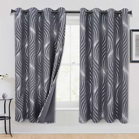 Alishomtll Dark Gray Blackout Curtains for Living Room ,Modern Metallic Silver Wave Pattern Bedroom Thermal Insulated Drapes ,2 Panel Set,52"x63"
