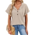 thumbnail image 2 of Women Summer Tops Waffle Knit Short Sleeve Drawstring Hoodies Button V Neck Casual Blouses Shirts Color XL, 2 of 9