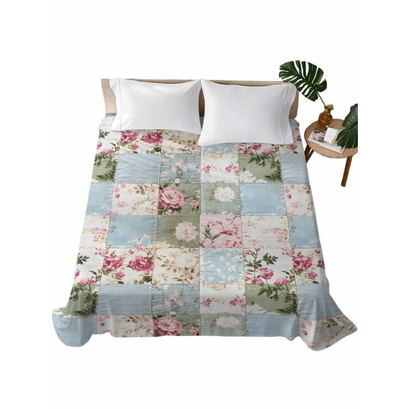 Full Size Flat Sheet Only, Green Blue Pink Botanical Soft Brushed Microfiber Bed Sheets, Spring Floral Vintage Hotel Quality Breathable Bedding Top Sheet, Easy Care, 81"x96"