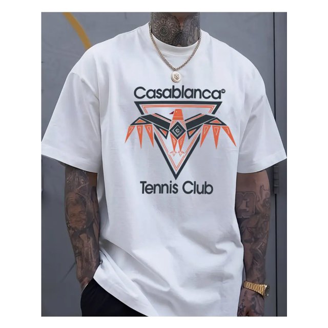 Men's Casablanca Tennis Club Graphic Tee - Lightweight Cotton, Relaxed Fit, Short Sleeve, Round Neck - Geometric Print, Machine Washable - Ideal for Everyday & Casual Outings
