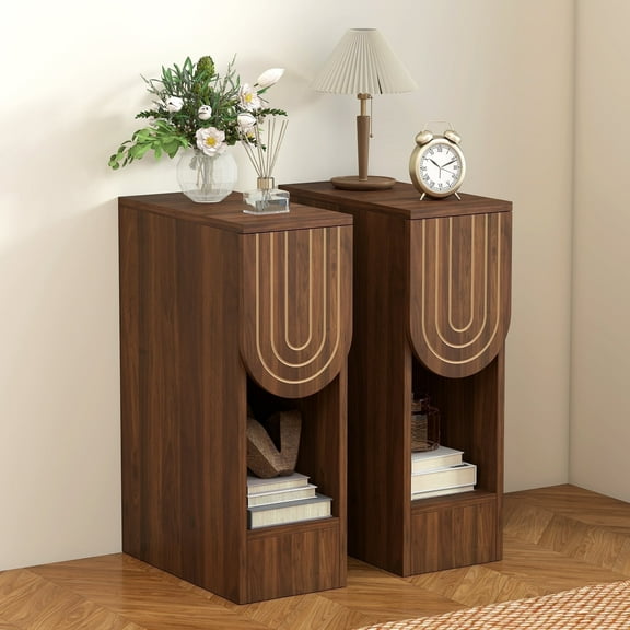 7.87" Ultra Narrow Nightstand Set of 2 with Drawer and Open Shelf, Carved Line Design Bedside Table for Bedroom, Walnut