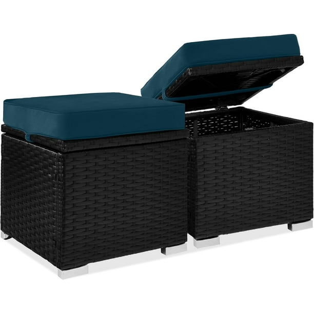 JJUN Set of 2 Wicker Ottomans, Multipurpose Outdoor Furniture for Patio, Backyard, Additional Seating, Footrest, Side Table w/Storage, Removable Cushions - Peacock Blue/Black