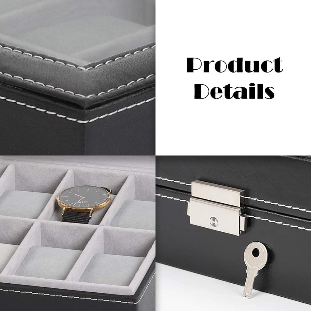 12-Slot Watch Box, Watch Organizer, Lockable Jewelry Display Case with Real Glass Top, Synthetic Leather, Black
